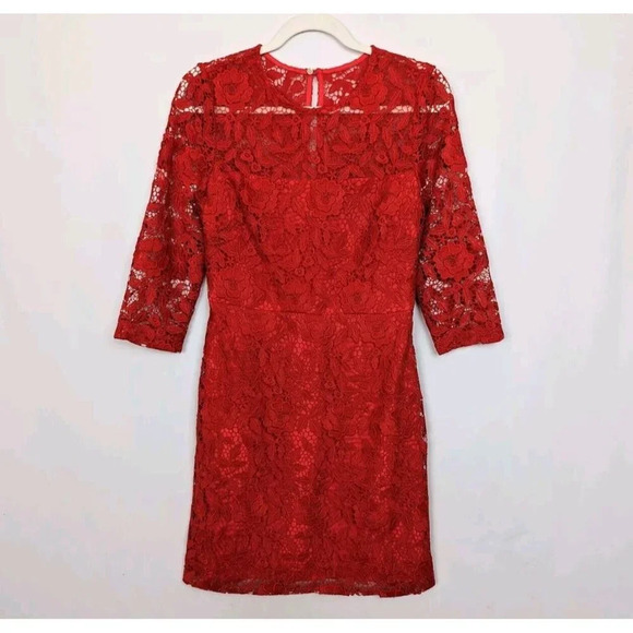 J.Crew Collection sz. 4 Red Floral Lace Illusion Best and 3/4 Sleeve Shift Dress - Picture 1 of 12